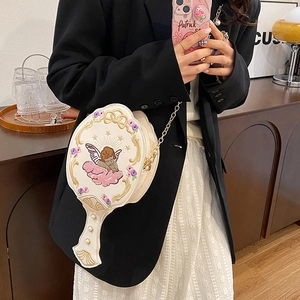 Hand Mirror Shaped Crossbody Bag Angel Embroidery PU Leather Shoulder Purse With Gold Chain Artificial Pearl Decor For Women