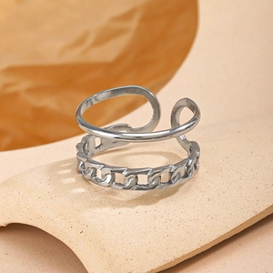 Adjustable silver double-layer ring with minimalist band and Cuban chain link texture