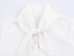 Close-up of white shirt collar with lace-edged necktie and elegant pearl button