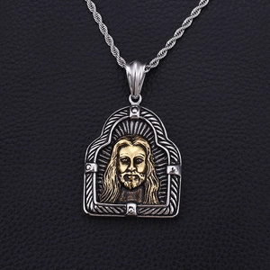 Collana hip hop da uomo con ciondolo Gesù bicolore e catena a corda ritorta argento