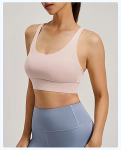 Detailed view of pale pink sports bra with U-neck design and wide shoulder straps