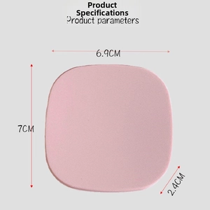 Pink oval contact lens case dimensions 6.9cm by 7cm by 2.4cm on grey background
