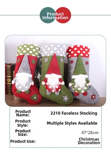 Detail view of 47x26cm Christmas gnome stockings in red, green, and gray felt fabric