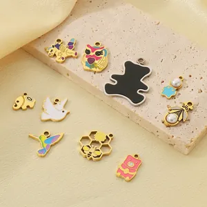 Stainless Steel Animal Charms Enamel Resin Pendants DIY Jewelry Making Supplies Colorful Bear Unicorn Bee Owl