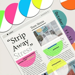 Note adesive tonde in PET trasparente nei colori neon che mostrano il testo sottostante