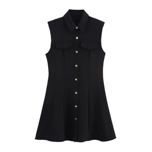 Flat lay of black sleeveless dress with polo collar and metallic buttons detailing