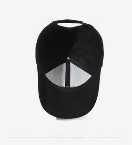 Detail of internal stitching and six-panel structure of black embroidered baseball cap