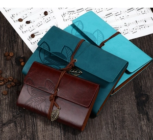 Detail of vintage leaf embossed leather notebooks with metal leaf charms on wood