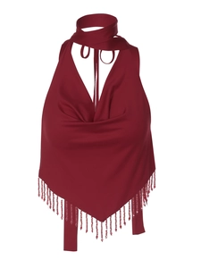 Burgundy satin halter top with triangle hem and beaded fringe details on white background