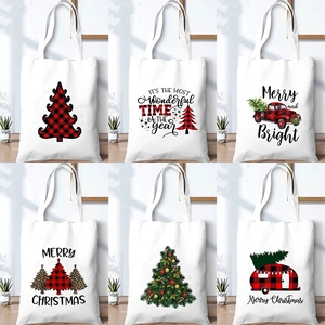 Christmas canvas tote bags featuring festive prints like red trucks and holiday trees
