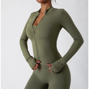 Close-up of olive green slim fit sports jacket with zipper and thumbhole sleeve detail