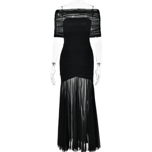 Elegant black off-shoulder maxi dress with ruched bodice and sheer tulle skirt