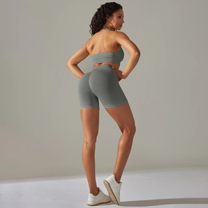 Seamless ribbed yoga set with halter neck tank top and high waist shorts in sage green