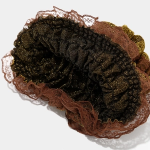 Elegant pleated lace turban hat with gold thread details and brown floral trim