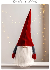 Close-up of Christmas gnome decoration with red felt hat and long white faux fur beard