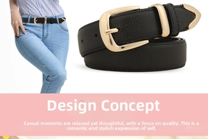Detail of minimalist black PU leather belt featuring elegant gold alloy needle buckle