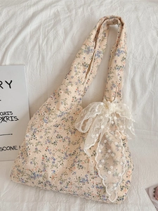 Floral canvas tote bag with white lace bow decoration and large capacity storage