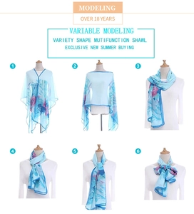 Detail view showing six versatile ways to wear the blue floral summer sun protection shawl