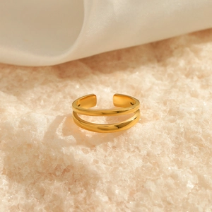 Minimalist double-layered gold-plated stainless steel open ring on a stone texture