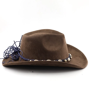 Detail of western cowboy hat with blue braided rope, white shells and wooden beads