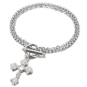 Double-layered stainless steel chain bracelet featuring an OT buckle and rose heart cross