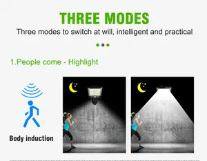 Solar outdoor wall lamp showing 3 lighting modes and motion sensor functionality