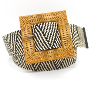 Women's woven elastic belt with black and white wave pattern and square buckle