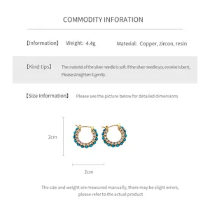 Detailed size specifications for gold plated hoop earrings with zircon and resin beads