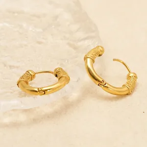 18K gold-plated stainless steel hoop earrings with vintage 3D wave pattern relief
