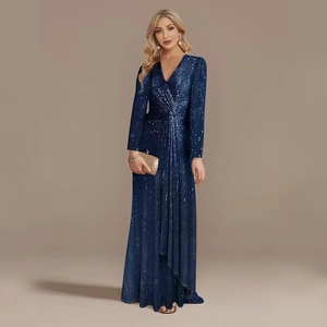 Sequin V-Neck Long Sleeve Evening Dress Floor-Length Mermaid Formal Banquet Party Gown Women Elegant