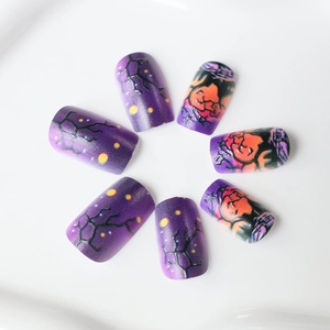 Halloween purple press-on nails with mystical forest and spider web artistic designs