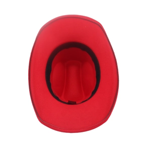 Overhead view of red felt western cowboy hat featuring inner black sweatband detail