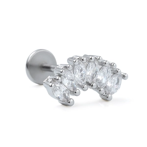 Macro shot of 316L stainless steel flat back stud with five curved marquise zircons