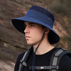 Navy blue breathable mesh sun hat with wide brim and adjustable chin strap for outdoors