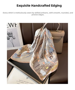 Detail of hand-rolled edges on a vintage French silk scarf draped over a leather handbag