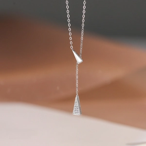 S925 Sterling Silver geometric triangle necklace with zircon stones on a fine link chain