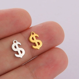 Gold and silver dollar sign charms in polished stainless steel for DIY jewelry making