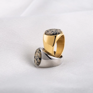 French minimalist 18K gold plated steel rings with spotted stone in gold and silver