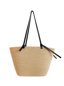 Large capacity woven cotton rope tote bag with black handles for beach and daily commute