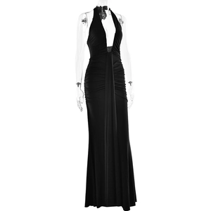 Detail view of elegant black halter neck maxi dress with deep V-neck and pleats