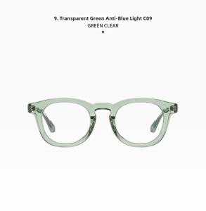 Front view of oval transparent green eyewear frames featuring blue light blocking lenses