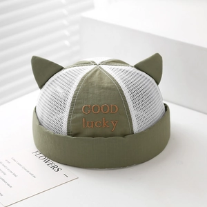 Detail of army green baby mesh dockers cap with decorative ears and GOOD lucky embroidery