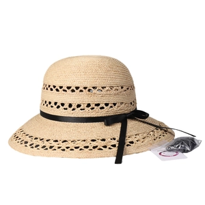 Lace-up hollowed dome raffia straw hat for women with a black ribbon bow for summer beach