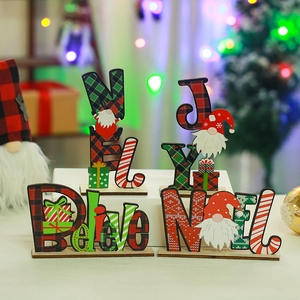 Christmas Wooden Letter Ornament Believe NOEL JOY Table Decor Plaid Print Gnome Santa Decoration For Holiday Home Table