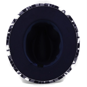 Detailed interior view of a wool felt fedora showing sweatband and plaid brim edge