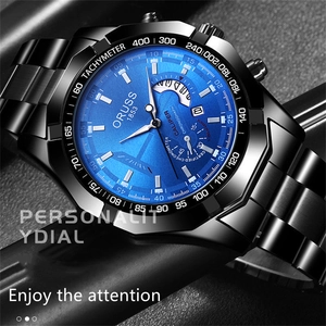 Macro shot of ORUSS men's business watch with blue sunray dial and steel strap