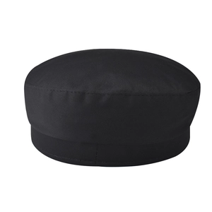 Detail of black military cap with flat top design and premium stitched canvas texture