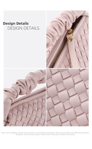 Detail view of woven leather bag featuring ruffled cloud straps and gold hardware zippers