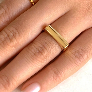 Minimalist rectangular gold flat top ring for women with polished 18k gold finish