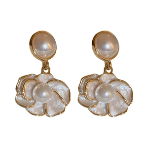 Elegant gold-plated camellia flower earrings with pearls and white enamel finish